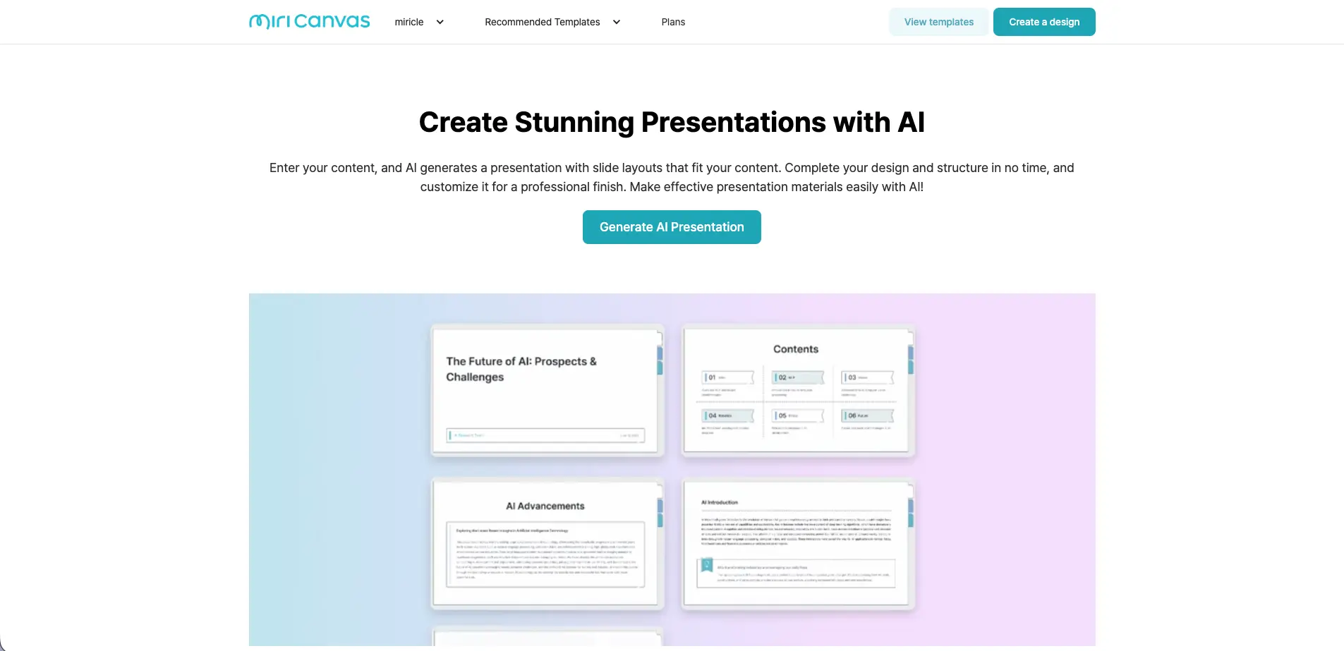 miricle AI landing page
